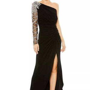 Mac Duggal Black Rhinestone Embellished One-Shoulder Gown